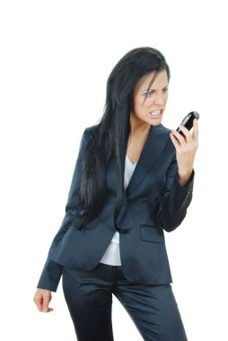 Angry woman with broken mobile phone clipart