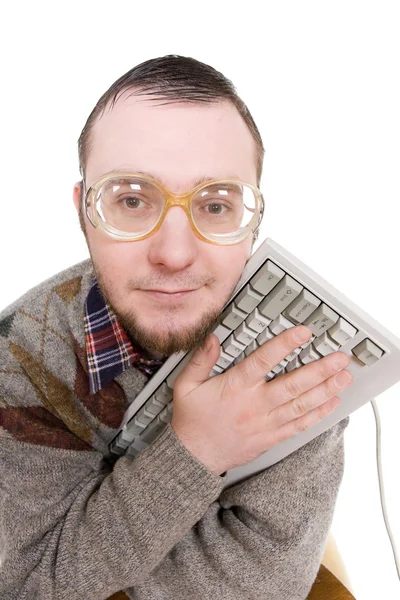 Nerd mit Tastatur — Stockfoto