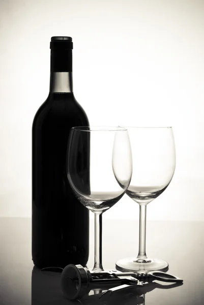 Sticlă de vin și ochelari de vinificație — Fotografie, imagine de stoc