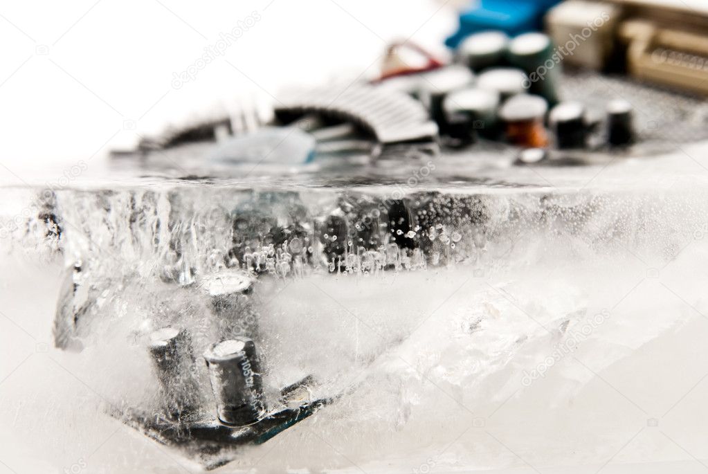 Frozen computer part in ice cube