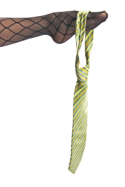 Женские ноги в колготках и галстуке — стоковое фото
