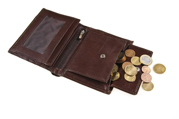 Hnědá kožená peněženka a mince — Stock fotografie