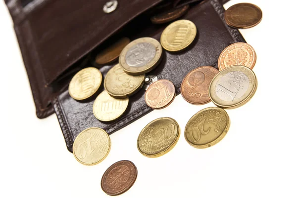 Brown leather wallet and coins — Stock Photo, Image