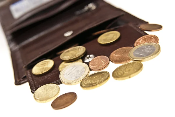 Brown leather wallet and coins — Stock Photo, Image