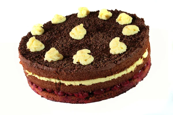 Chocolate cake with cherries and pudding — Stock Photo, Image