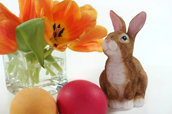 Velikonoční zajíček s vejci a tulipány — Stock fotografie