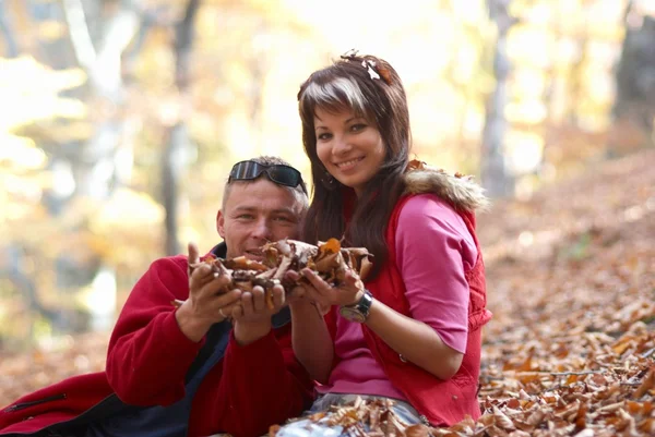 Jovem casal desfrutando as folhas caindo — Fotografia de Stock