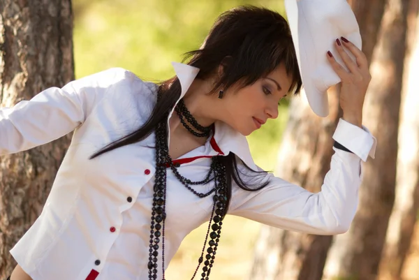 stock image Beautiful girl in the white hat