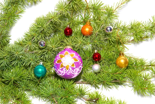 Сhristmas baubles, fir tree and decorati — Stock Photo, Image