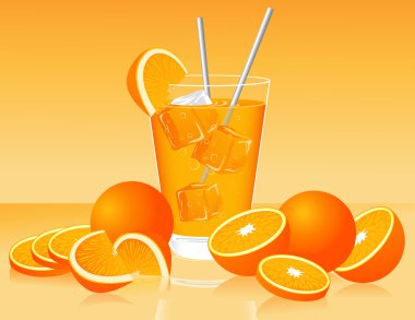 Glass of orange juice and oranges clipart