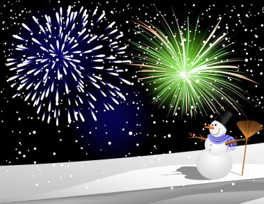 Snowman under firework clipart