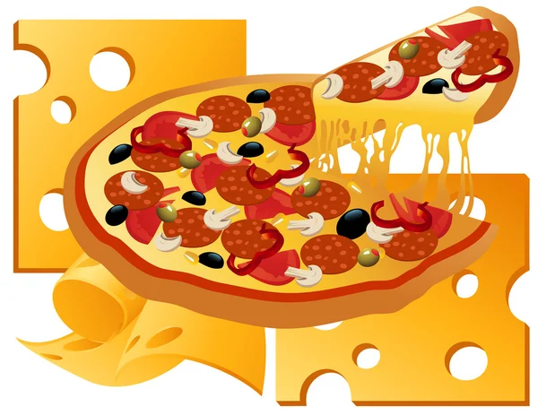 Pizza op kaas achtergrond — Stockvector