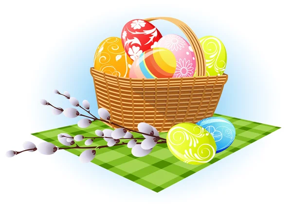 Huevos de Pascua en la cesta — Vector de stock