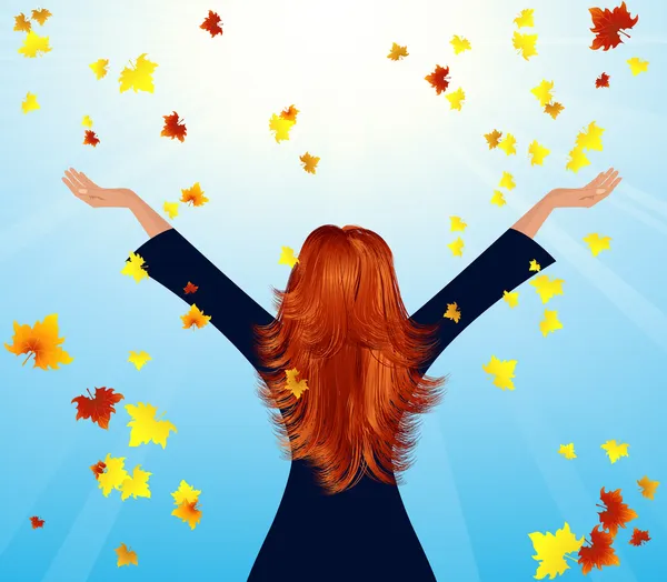 Girl throwing up autumnal leaf — Stock Vector