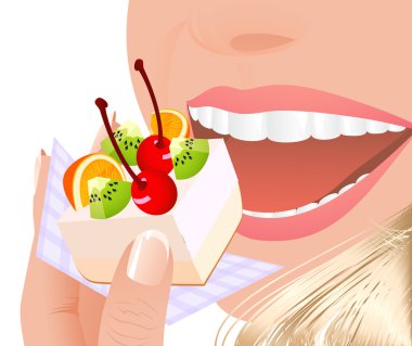 Beautiful young woman eating fruit cake clipart