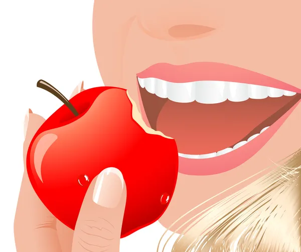Mulher comendo maçã vermelha — Vetor de Stock