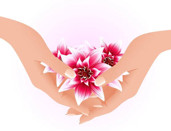 Händer som håller tropiska blommor — Stock vektor
