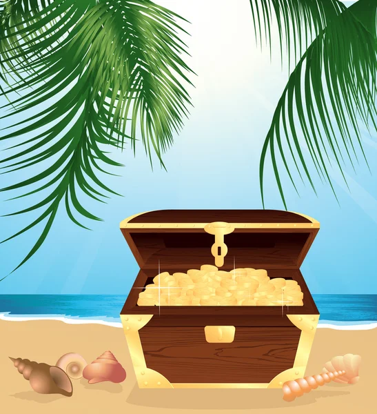 Coffre d'argent sur la plage — Image vectorielle