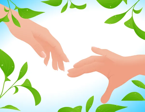 Couple hands on leaf background — Stock Vector