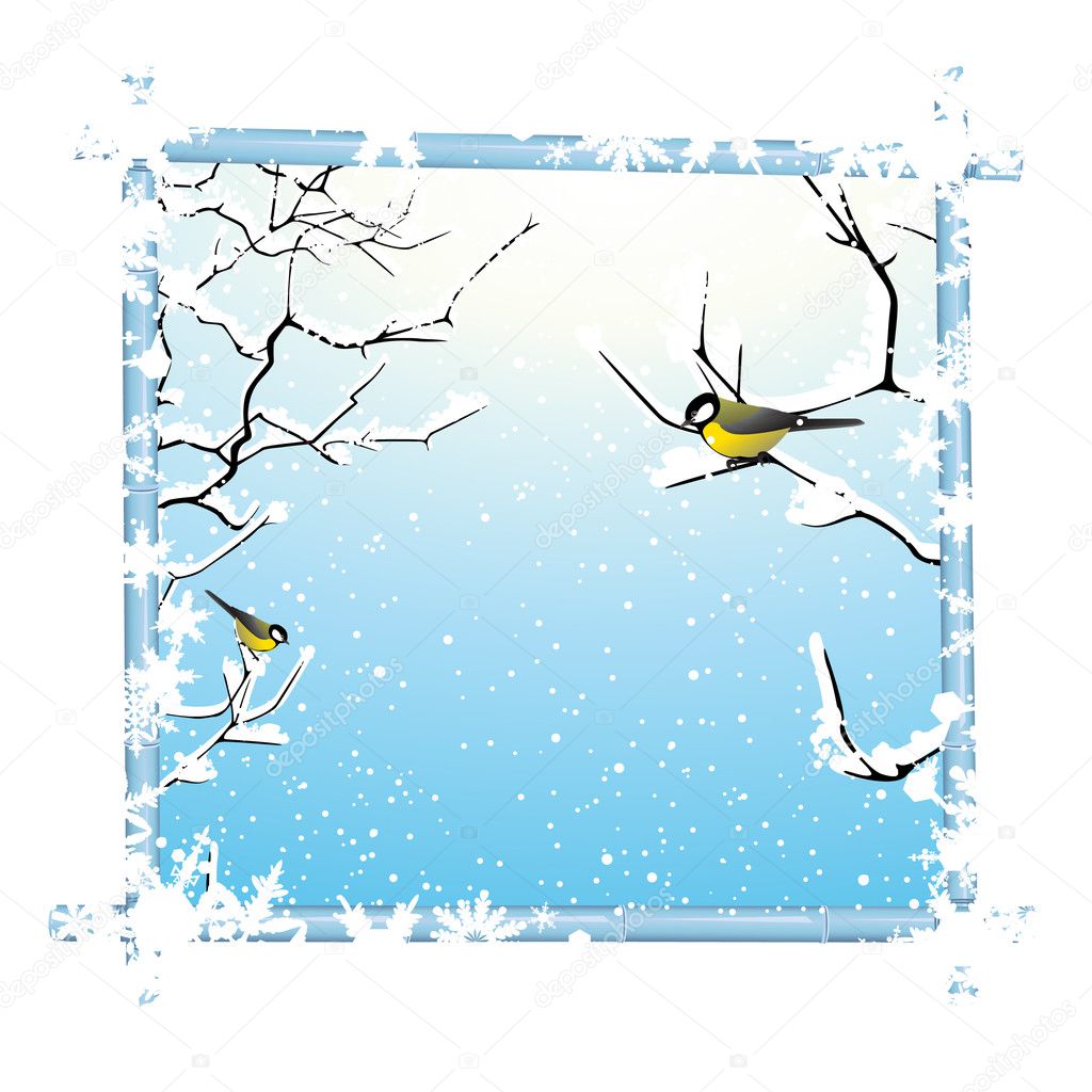 Winter frame with trees branch and birds