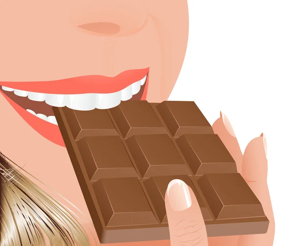 Mujer comiendo chocolate con leche — Vector de stock