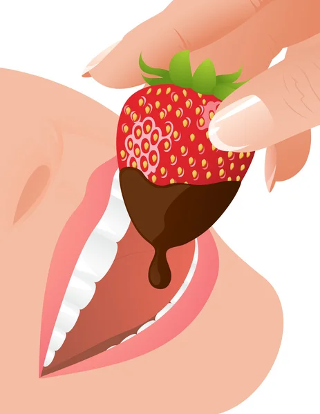 Woman eating strawberry in chocolate — Stock Vector