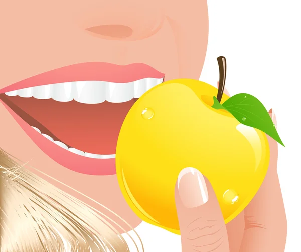 Woman eating yellow apple — Stock Vector