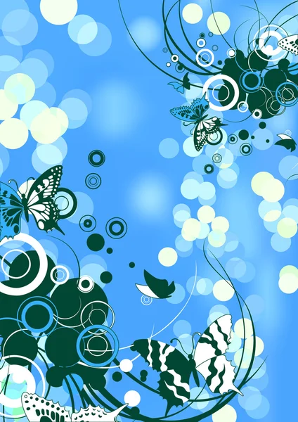 青い花の渦巻と蝶 — ストックベクタ