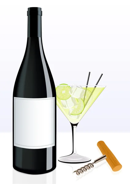 Сorkscrew and vine bottle on the table - Stok Vektor