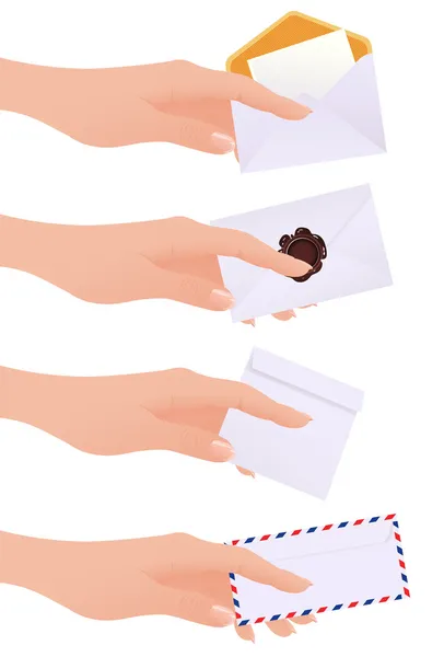 Mãos segurando envelopes — Vetor de Stock
