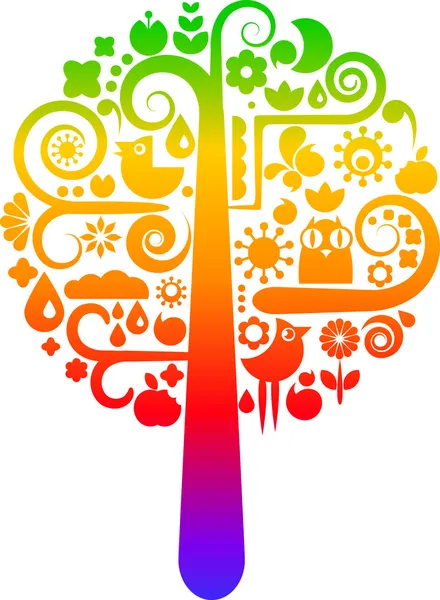 Радужное дерево с экологическими иконами — стоковый вектор