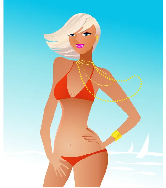 Blondes Mädchen im roten Bikini — Stockvektor