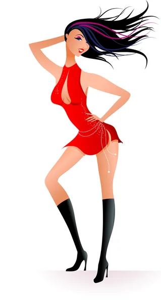 Tanzende Frau im roten Kleid — Stockvektor