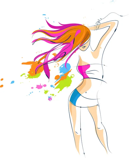 Silhouette fille dansante aux cheveux longs — Image vectorielle