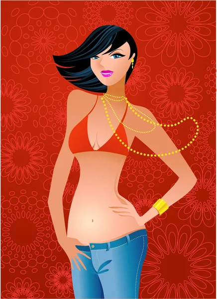 Jolie fille en jeans et un soutien-gorge rouge — Image vectorielle
