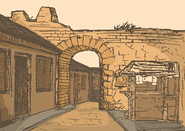 Дорога с аркой и газетным киоском — стоковый вектор