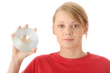 Beautiful young woman holding up a disc clipart