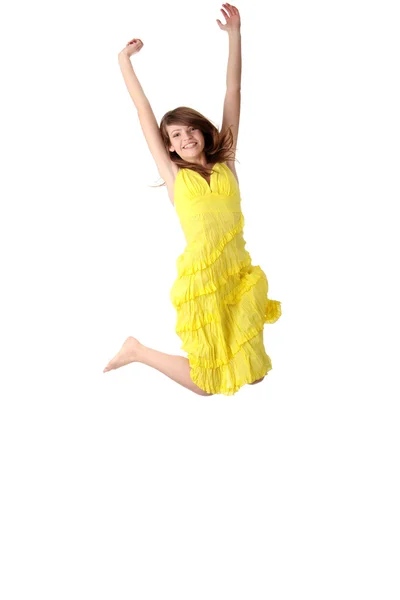 Jovem sorrindo mulher pulando . — Fotografia de Stock