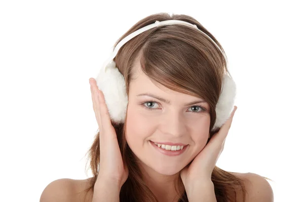 Hezká dívka, která nosí bílé chránič ucha — Stock fotografie