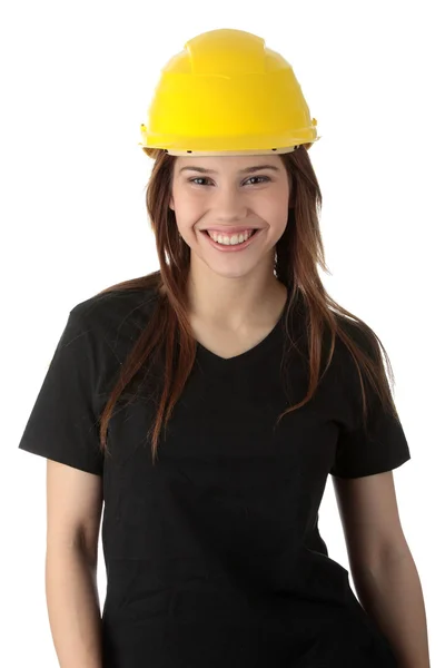 Engenheiro mulher em capacete amarelo — Fotografia de Stock