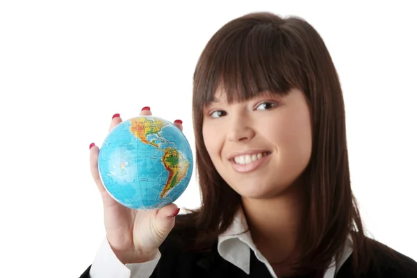 Geschäftsfrau mit Globus, — Stockfoto