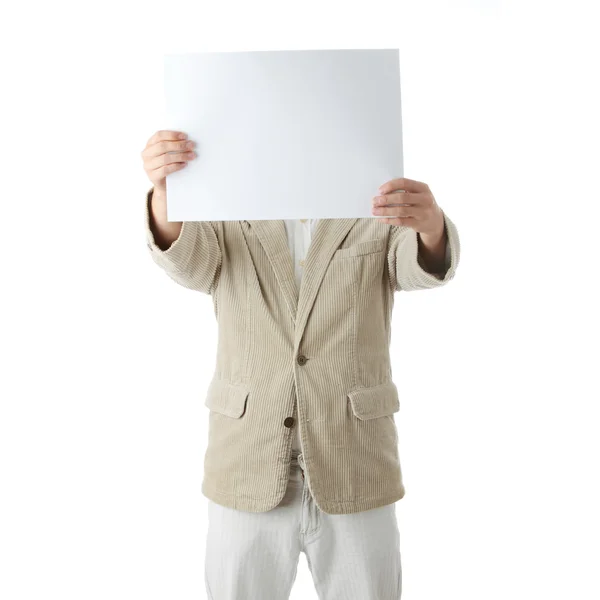 Young the man holds blank signs. — Stock Photo, Image