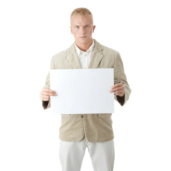 Young the man holds blank signs. — Stock Photo, Image