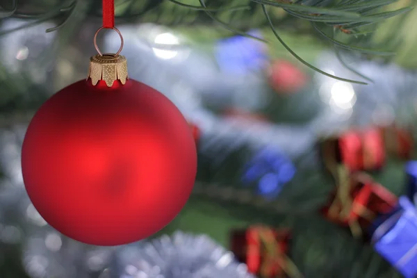Árbol de Navidad y bola de vidrio rojo —  Fotos de Stock