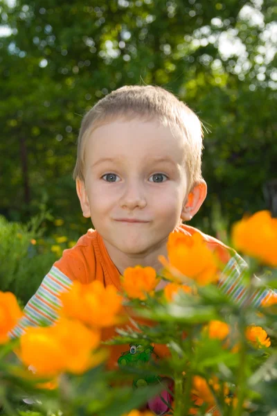 Mladý chlapec a oranžové květy — Stock fotografie