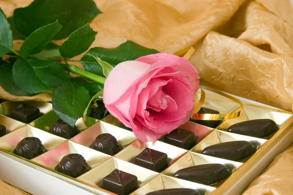 Růžová růže a čokolády box — Stock fotografie