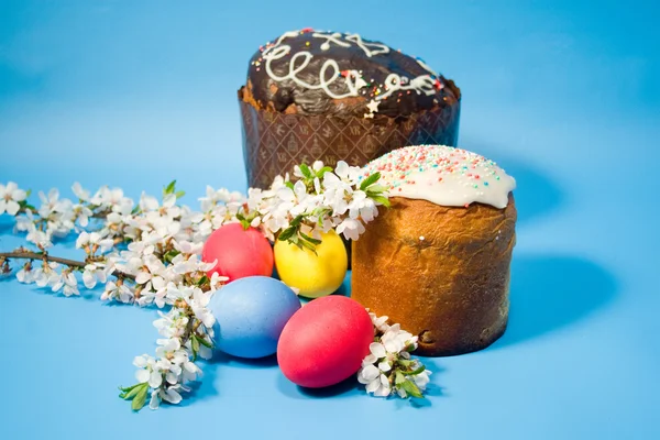 Easter cake and colourful easter eggs — Stock Photo, Image