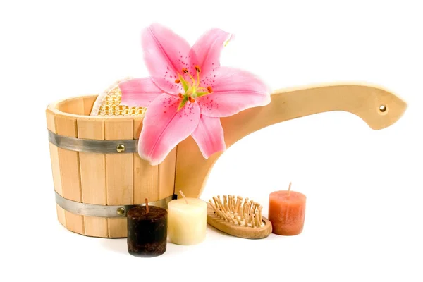 Washtub with candles and flower — Stock Photo, Image