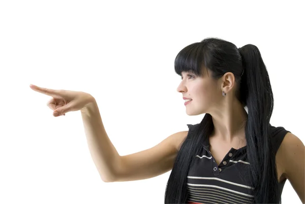 Mulher apontando um dedo — Fotografia de Stock