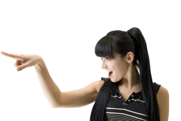 Woman pointing a finger — Stock Photo, Image